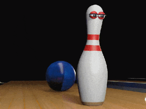 A bowling pin wearing sunglasses beside a bowling ball