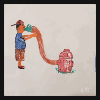 A boy watering a robot with a hose