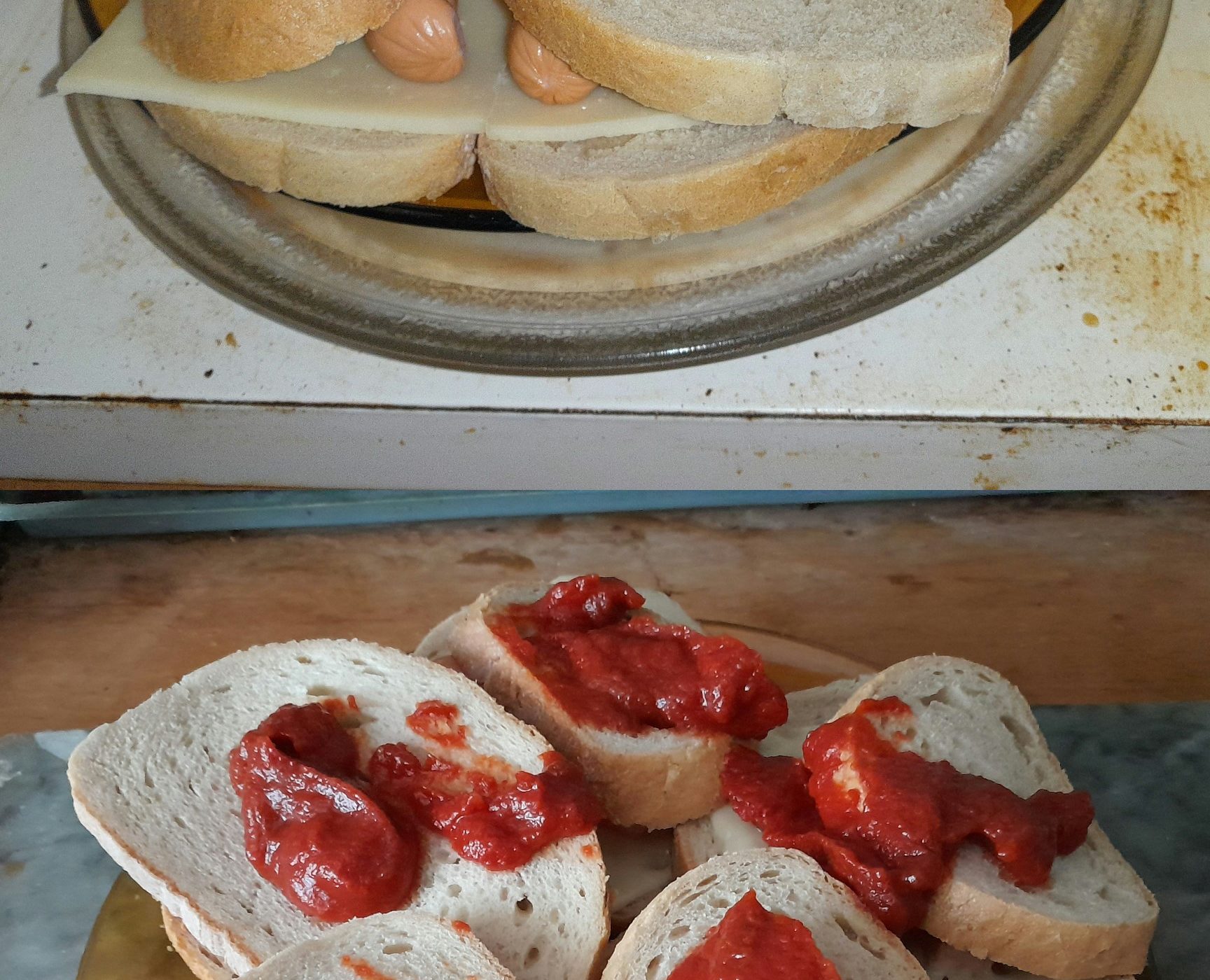 Pieces of bread arranged as a smiling face