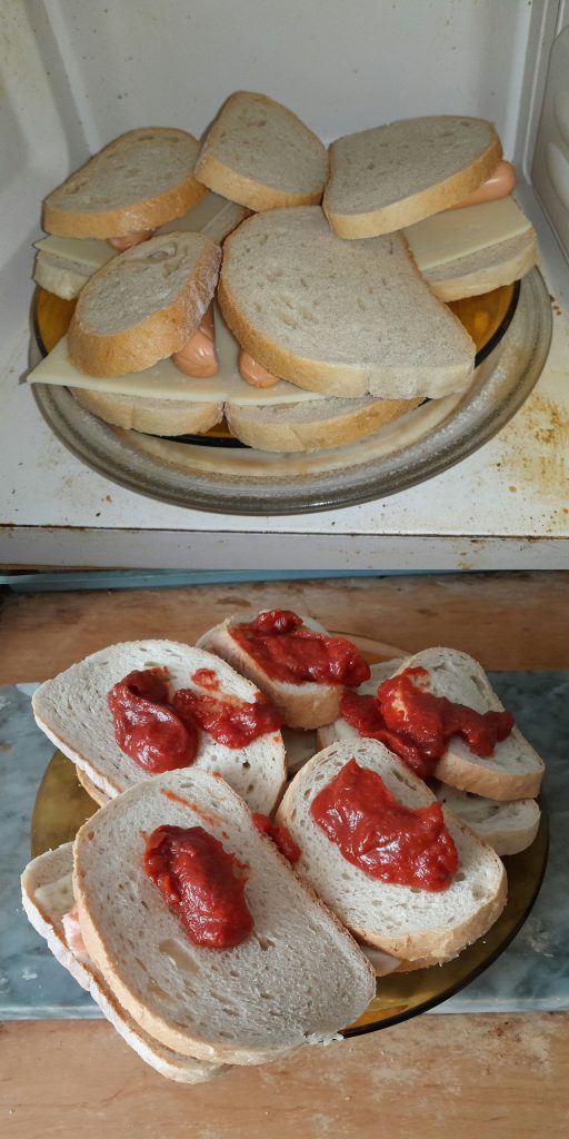 Pieces of bread arranged as a smiling face