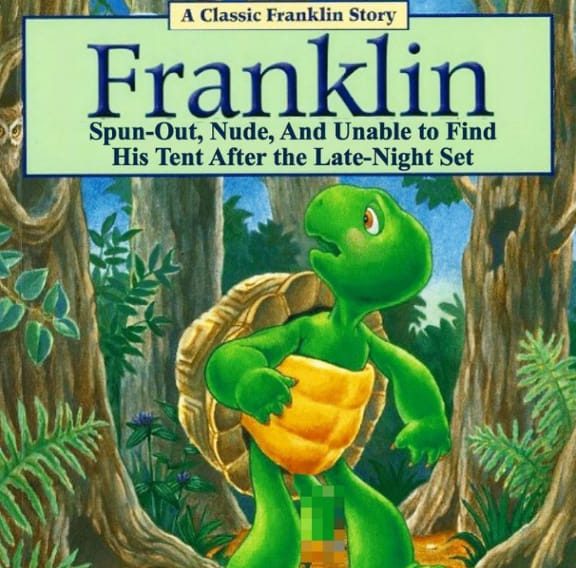 A cartoon turtle in a forest at night