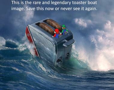 A toaster-shaped boat riding a giant wave